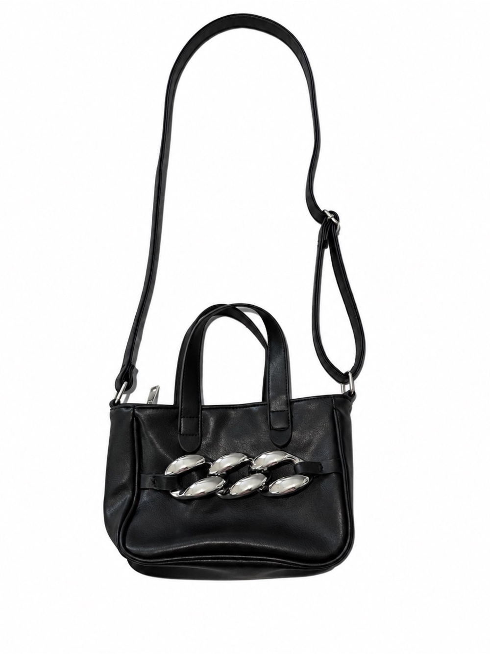 Olivia & Kate Black Faux Leather Mini Satchel Crossbody Silver Chain Handbag